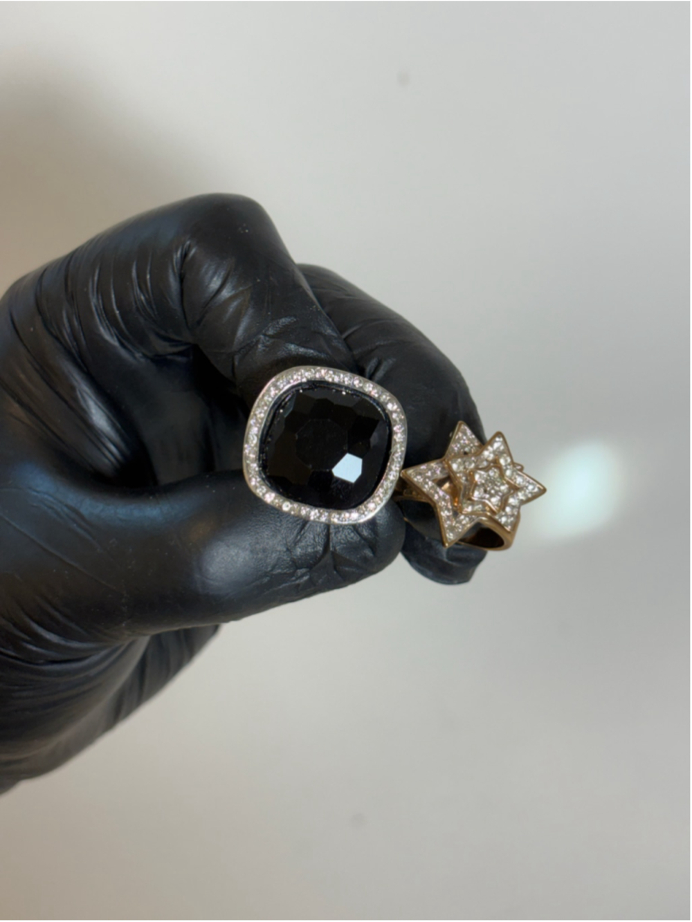 Y2K Statement Ring Bundle Cushion Black Faceted Glass Halo & Iced Gold Star #B
